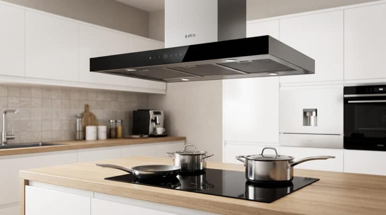 Accueil 1 Une hotte aspirante Elica installée au-dessus d'une plaque de cuisson moderne.