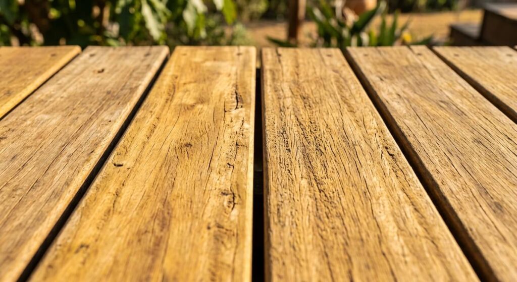 Itauba ou Cumaru : quel bois choisir pour sa terrasse ? 3 Gros plan sur des lames de bois Itauba de couleur brun jaune posées en extérieur sous le soleil.