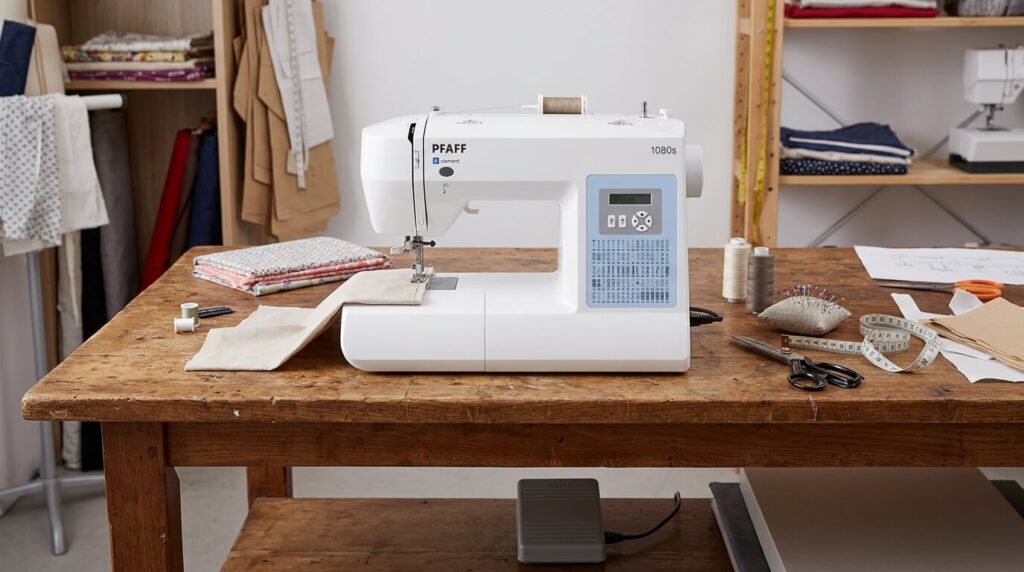 Une machine à coudre électronique Pfaff 1080s installée sur une table d'atelier de couture.