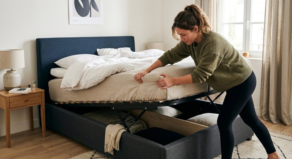 Une personne appuyant fermement sur le matelas pour compresser le système de levage du lit coffre.