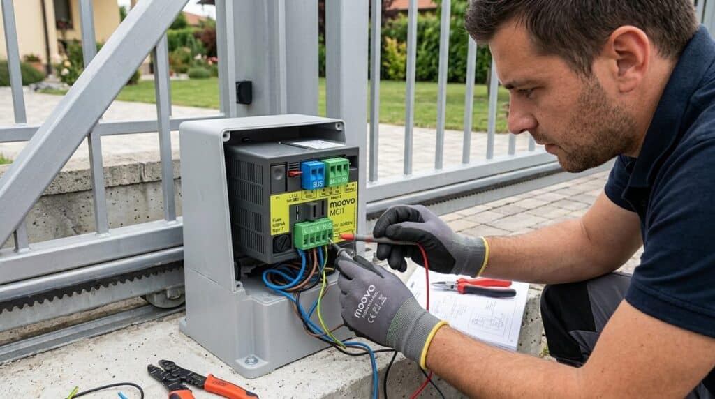 Contrôle des connexions électriques d'un moteur de portail coulissant.