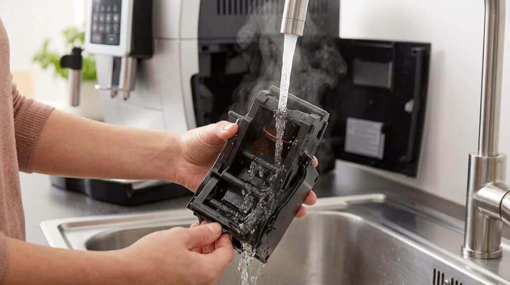 Chambre d'extraction Melitta bloquée : comment la débloquer soi-même ? 4 Une personne rinçant le bloc d'extraction amovible d'une machine à café automatique sous le robinet d'eau tiède.