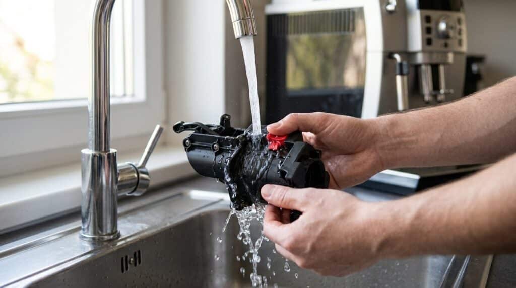 Une personne rinçant le bloc infuseur amovible en plastique noir sous le robinet.