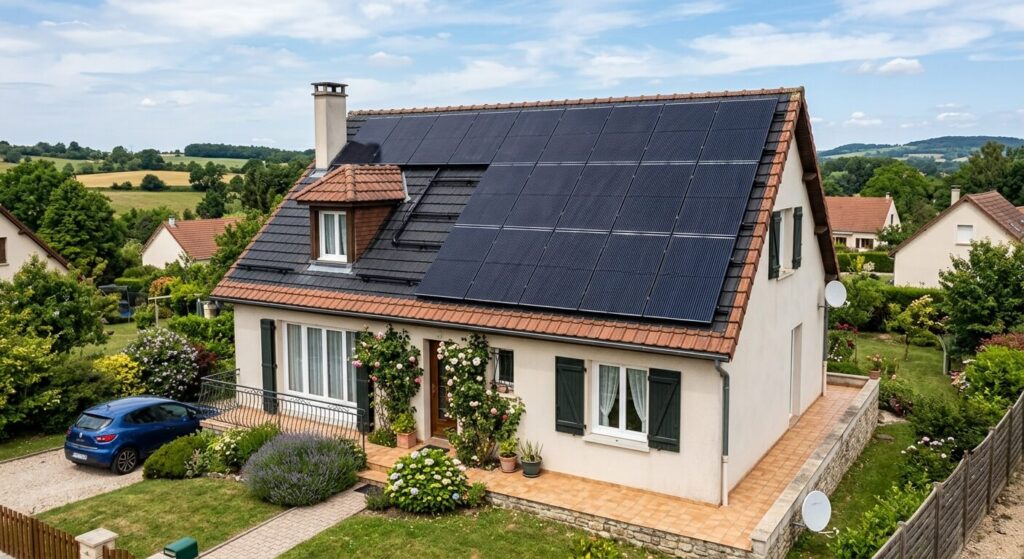 Une installation de panneaux photovoltaïques posée sur la toiture d'une maison individuelle.