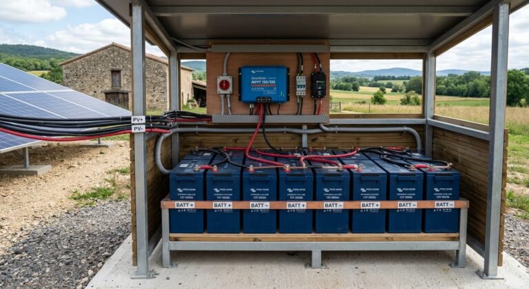 Un parc de batteries au plomb stationnaires raccordé à un régulateur de charge solaire.