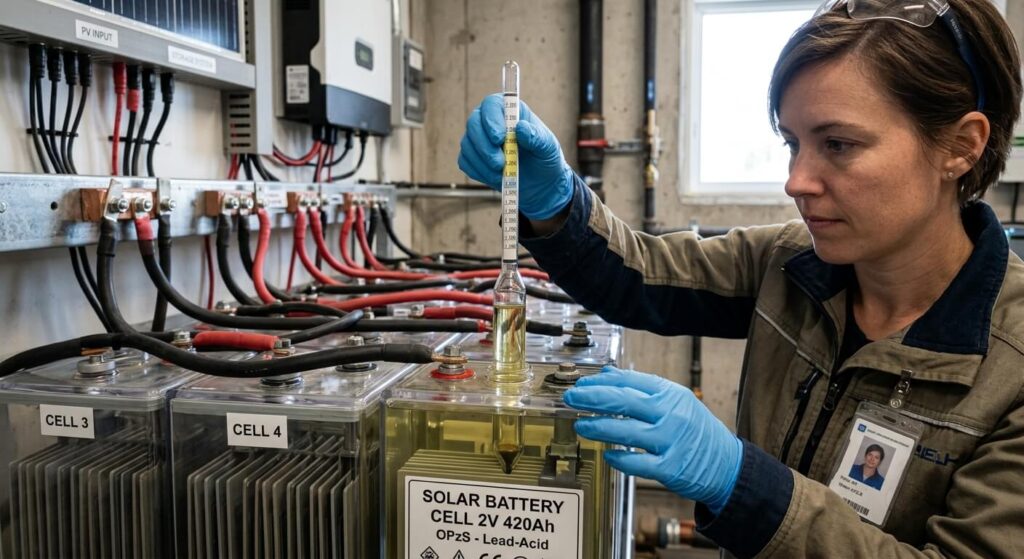 Contrôle de la densité de l'électrolyte d'un élément de batterie solaire avec un pèse-acide.