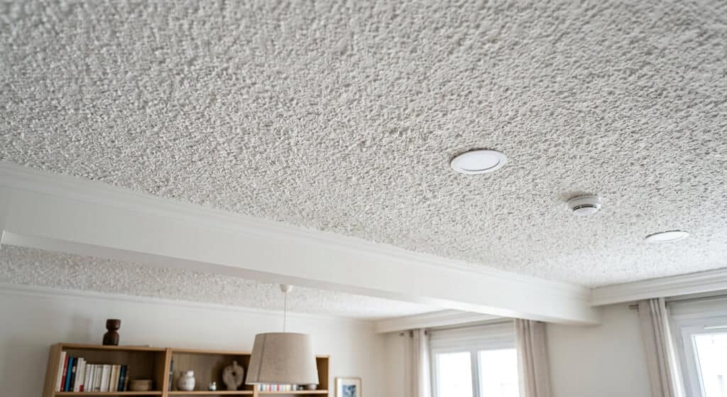 Un plafond d'appartement recouvert d'un enduit texturé décoratif blanc à l'aspect granuleux.