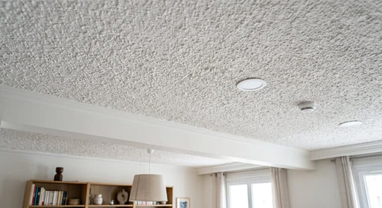Accueil 1 Un plafond d'appartement recouvert d'un enduit texturé décoratif blanc à l'aspect granuleux.