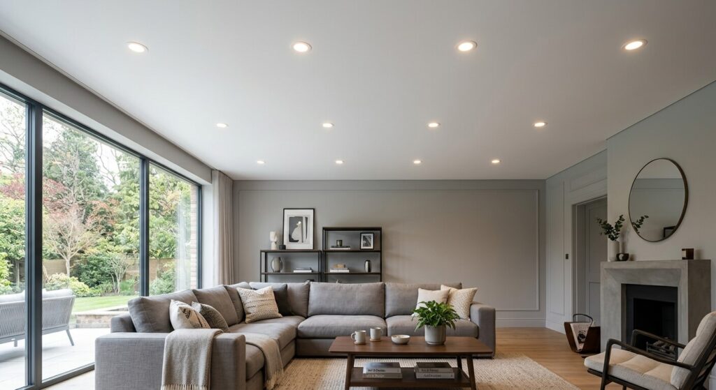 Peut-on poser soi-même un plafond tendu ? Ce que dit la technique 3 Un plafond tendu blanc mat parfaitement lisse avec spots LED intégrés dans un salon.