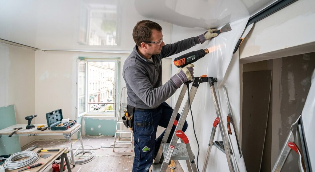 Peut-on poser soi-même un plafond tendu ? Ce que dit la technique 2 Un bricoleur utilisant un canon à chaleur pour assouplir la toile en PVC d'un plafond tendu.