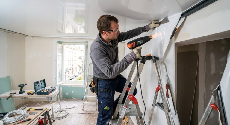 Un bricoleur utilisant un canon à chaleur pour assouplir la toile en PVC d'un plafond tendu.