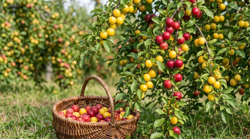 Des petites prunes myrobolans rouges et jaunes prêtes à être récoltées.