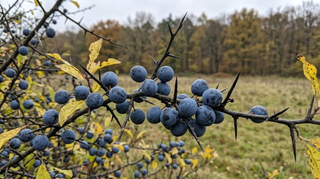 Des prunelles bleues sauvages poussant sur un rameau d'épine noire.