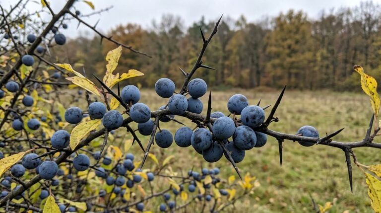 Des prunelles bleues sauvages poussant sur un rameau d'épine noire.