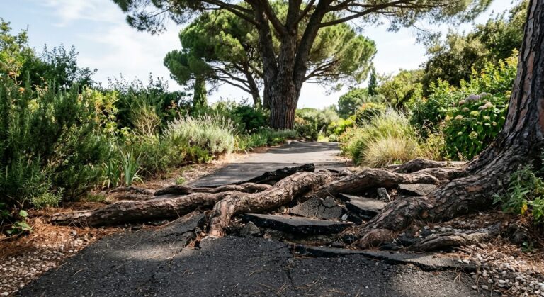 Accueil 4 De grosses racines de pin parasol soulevant le revêtement d'une allée goudronnée dans un jardin.