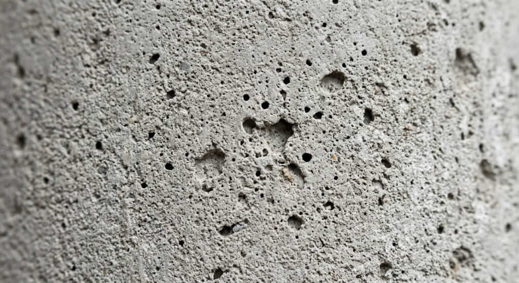 Gros plan sur une surface en ciment gris présentant des petits trous et des bulles d'air après séchage.