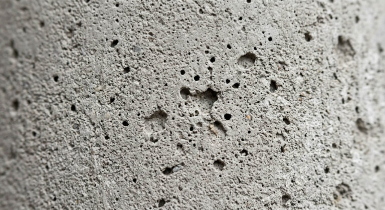Gros plan sur une surface en ciment gris présentant des petits trous et des bulles d'air après séchage.