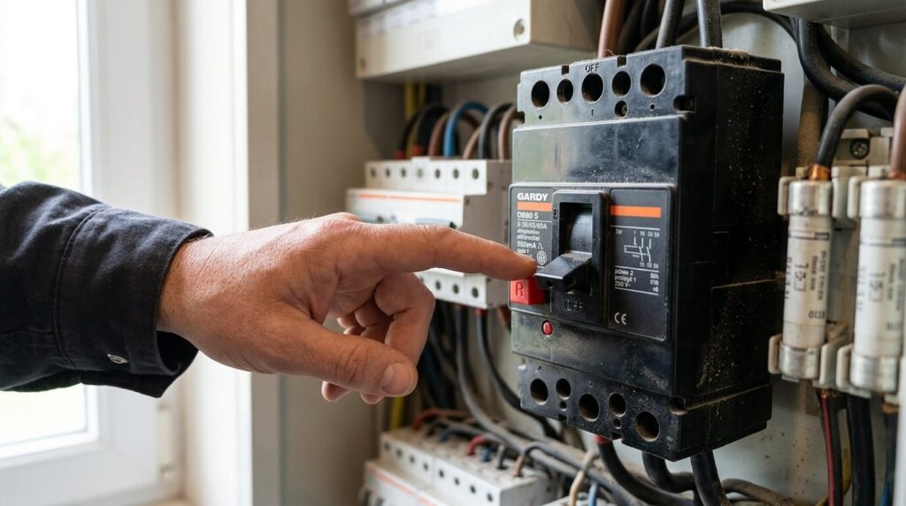 Comment réarmer un disjoncteur Gardy DB90 en toute sécurité ? 3 Une main s'apprêtant à appuyer sur le bouton de réarmement d'un disjoncteur électrique.