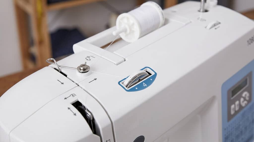 Gros plan sur les disques de tension et l'enfilage du fil supérieur sur une machine à coudre.
