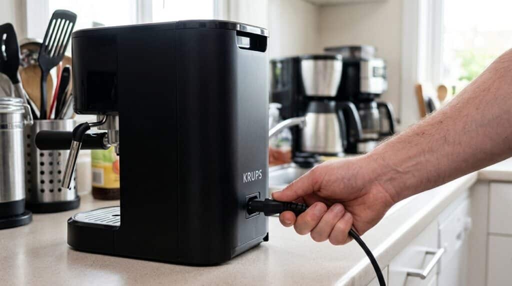 Problème Krups : affichage de la prise électrique avec 2 flèches, que faire ? 3 Une main débranchant le câble d'alimentation d'une machine à expresso pour forcer le redémarrage.