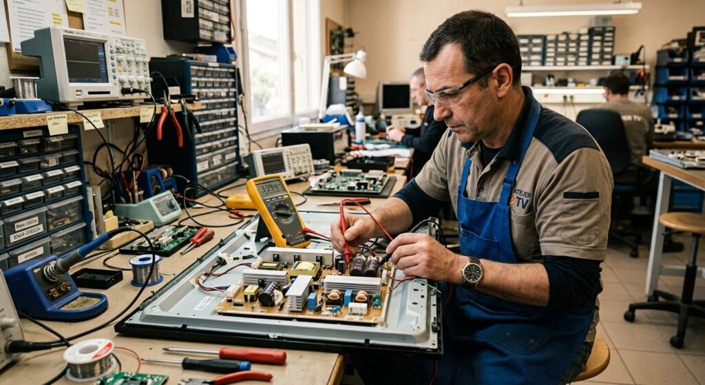 Un technicien testant les composants d'une carte d'alimentation de téléviseur avec un multimètre.