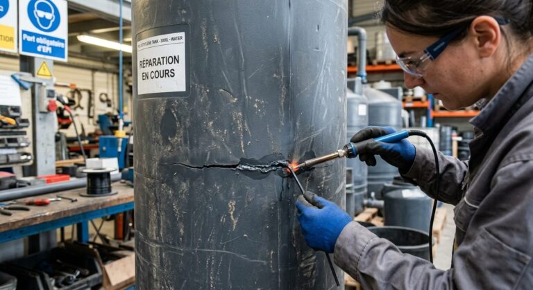 Réparation d'une fissure sur un réservoir en plastique à l'aide d'un fer à souder.