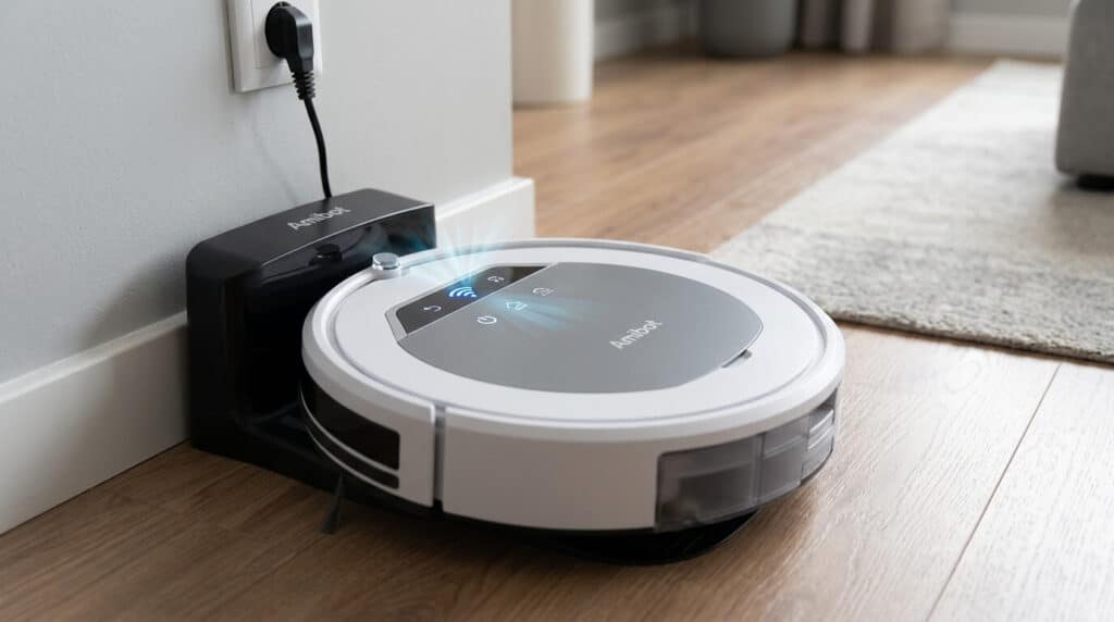 Un robot aspirateur Amibot sur sa station de charge avec le voyant Wi-Fi clignotant.