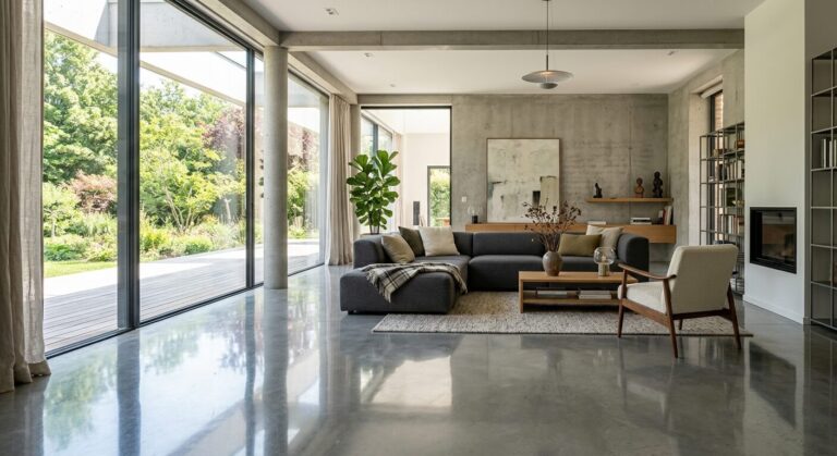 Un grand salon contemporain avec un sol en béton poli brillant reflétant la lumière naturelle.