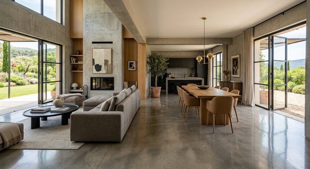 Sol en béton poli : une solution durable et esthétique pour l'intérieur 3 sol en béton poli dans un salon lumineux au style épuré