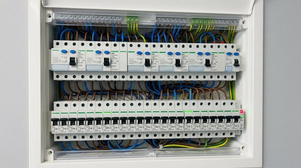 Un tableau électrique moderne avec ses rangées de disjoncteurs divisionnaires et d'interrupteurs différentiels.
