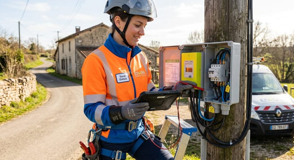 Un technicien du réseau de distribution électrique contrôlant un coffret de comptage.
