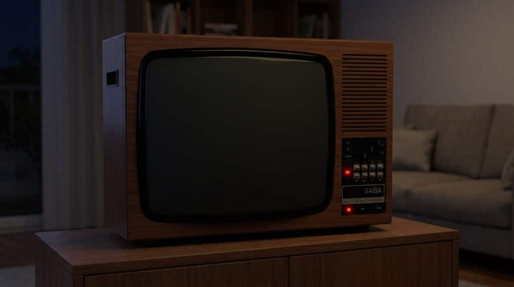Une télévision Saba restant sur un écran noir malgré le voyant de veille allumé.