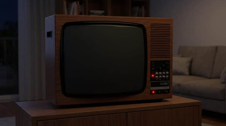 Une télévision Saba restant sur un écran noir malgré le voyant de veille allumé.