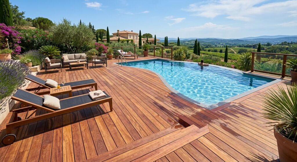 Itauba ou Cumaru : quel bois choisir pour sa terrasse ? 2 Une magnifique terrasse de piscine réalisée en lames de bois exotique Cumaru aux reflets brun rouge.