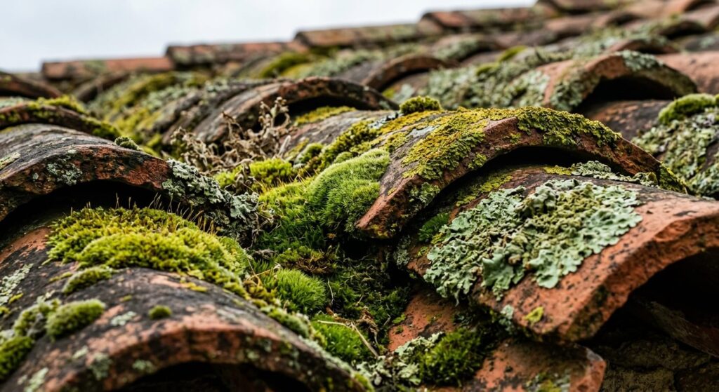 Nettoyage de toiture "manouche" : ce qu'il faut savoir sur ces démarchages 3 Une vue rapprochée sur des tuiles romanes envahies par la mousse et le lichen vert.