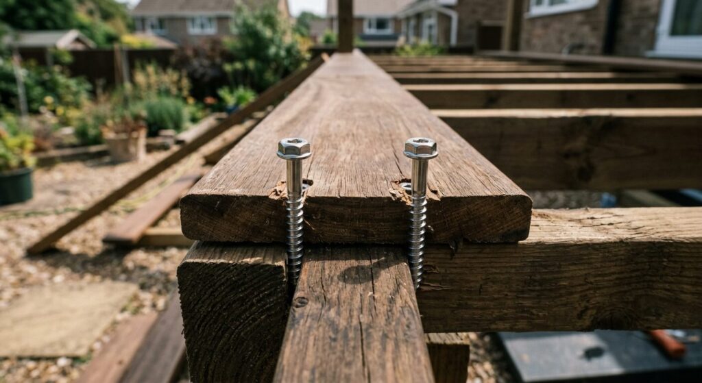 Bande bitumineuse pour la terrasse : arguments pour ou contre son utilisation 3 Des vis en acier inoxydable fixant une lame de bois sur une solive de charpente extérieure.