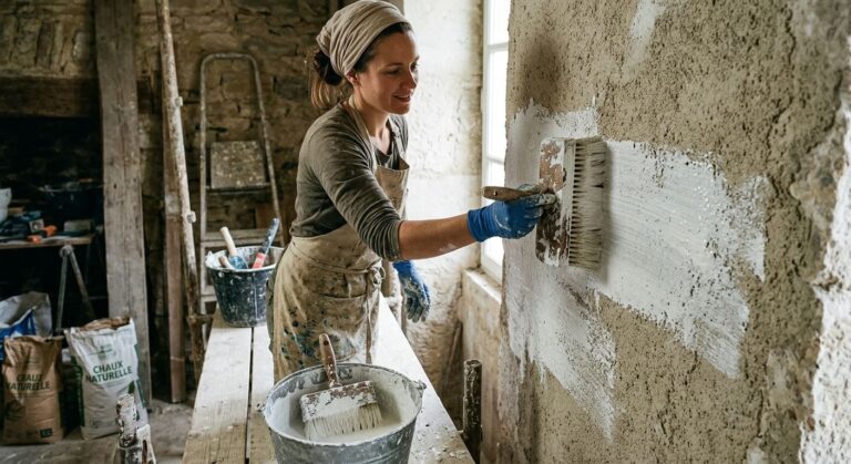 Accueil 1 Application au pinceau d'un badigeon de chaux sur une sous-couche d'accroche.