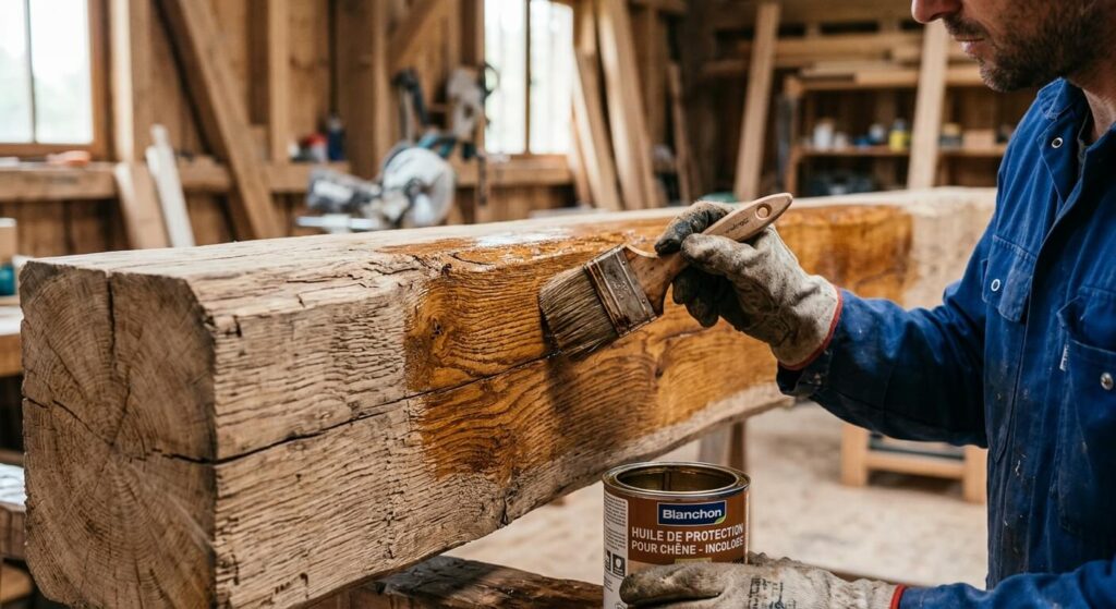 Protection poutre bois intérieur : quel traitement choisir 2 Application au pinceau d'une huile de protection sur une poutre en bois de chêne.