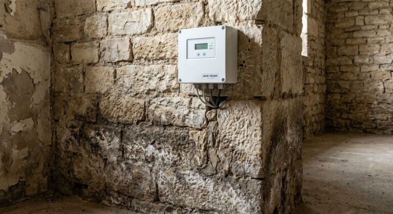 Boîtier électronique blanc Mur-Tronic installé sur un mur en pierre touché par des remontées capillaires.