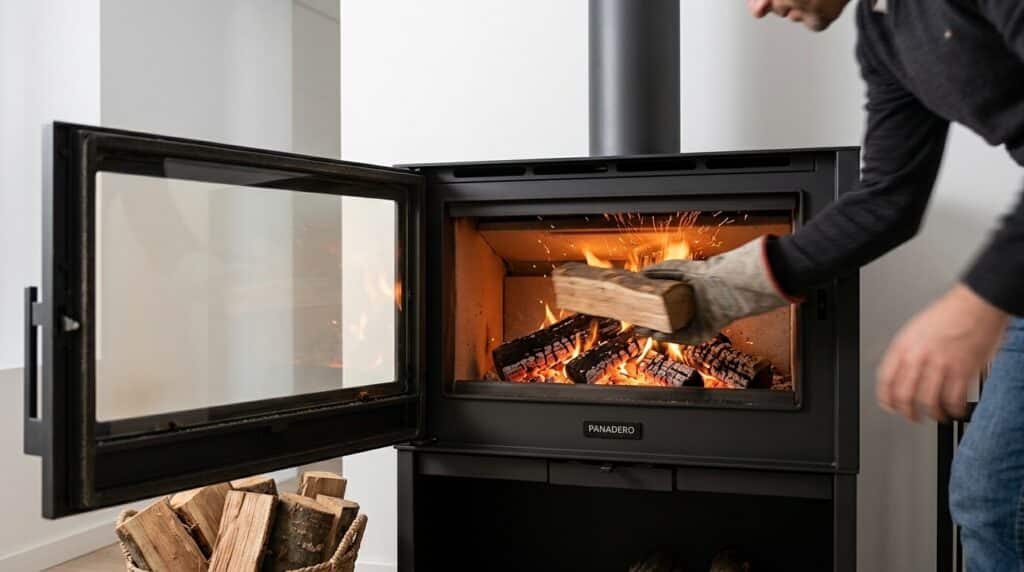 Chargement de bûches de bois dans le foyer d'un poêle Panadero.