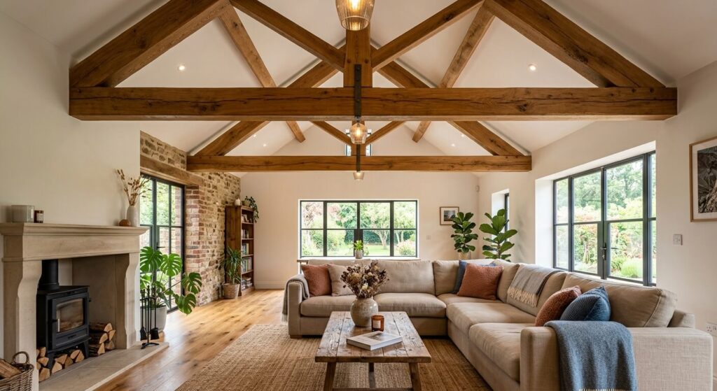 Protection poutre bois intérieur : quel traitement choisir 4 Poutres en bois apparentes rénovées et traitées dans le plafond d'un salon.