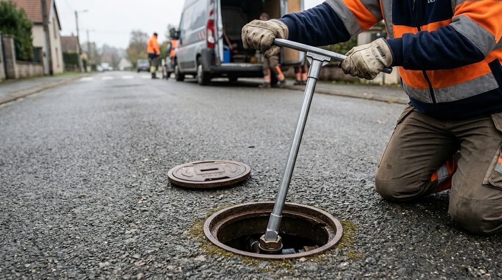 Clé de barrage métallique pour ouvrir ou fermer une vanne d'eau enterrée sous voirie.