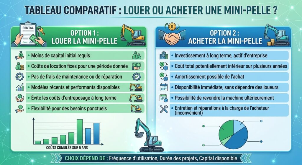 Tableau comparatif pour évaluer la rentabilité entre louer ou acheter une mini-pelle.