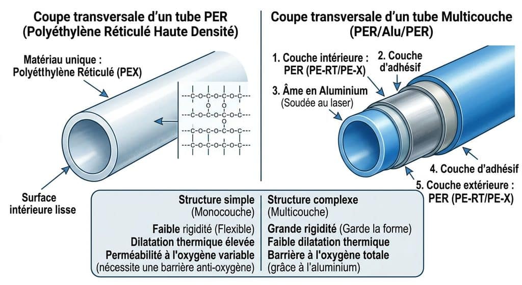 Coupe transversale comparant la structure d'un tube PER et d'un tube multicouche en plomberie.