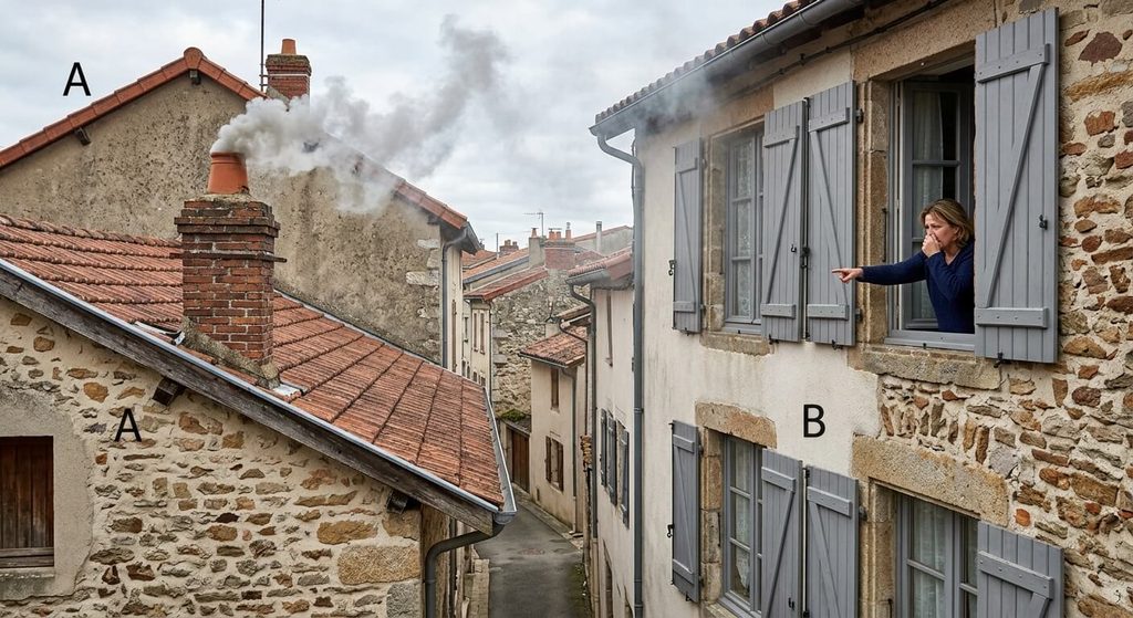 Fumée de cheminée s'échappant d'un conduit à proximité des fenêtres de la maison voisine.