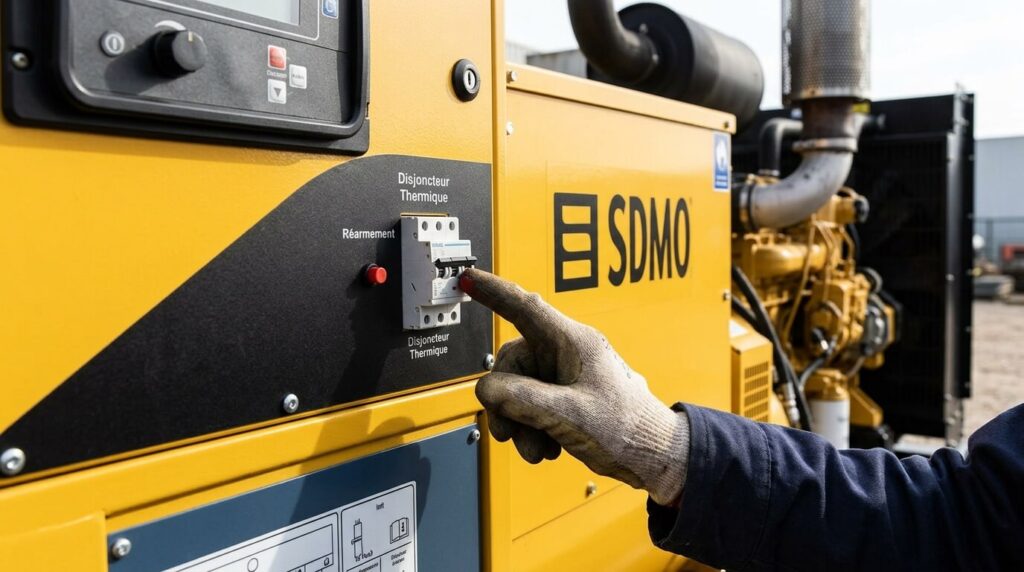 Où se trouve le fusible sur un groupe électrogène SDMO ? 4 Inspection du bouton de réarmement du disjoncteur thermique sur un générateur SDMO.