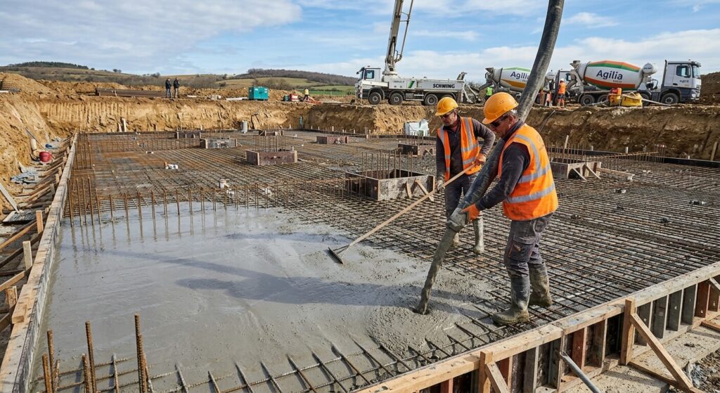 Coulage du béton autonivelant pour la réalisation d'un radier de fondation.