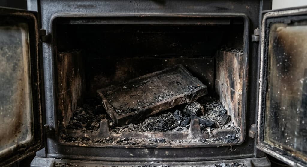 Plaque déflectrice en fonte tombée au fond du foyer d'un poêle à bois.