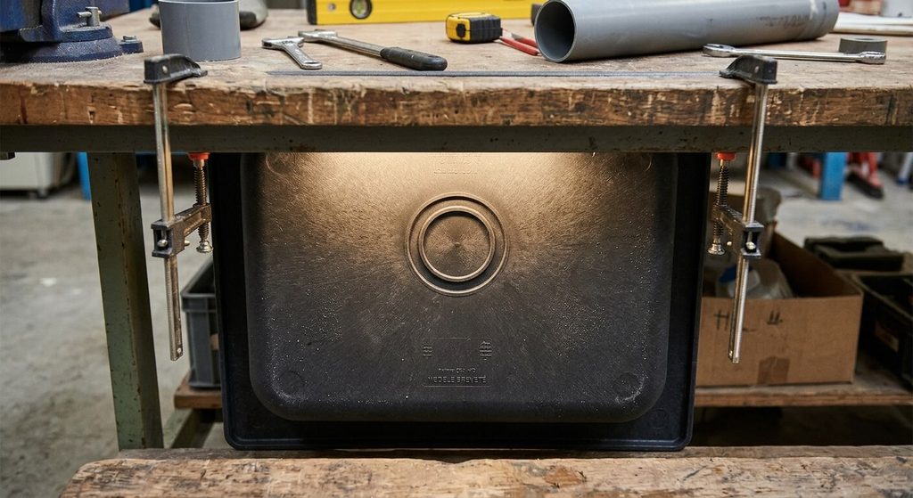 Vue sous l'évier montrant l'amorce circulaire de pré-perçage pour mitigeur de cuisine.