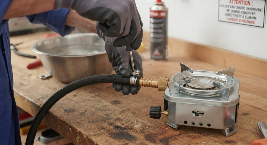 Comment ramollir un tuyau de gaz : la bonne méthode 3 Emboîtement du tuyau de gaz souple ramolli sur la tétine crantée d'un réchaud avec collier.